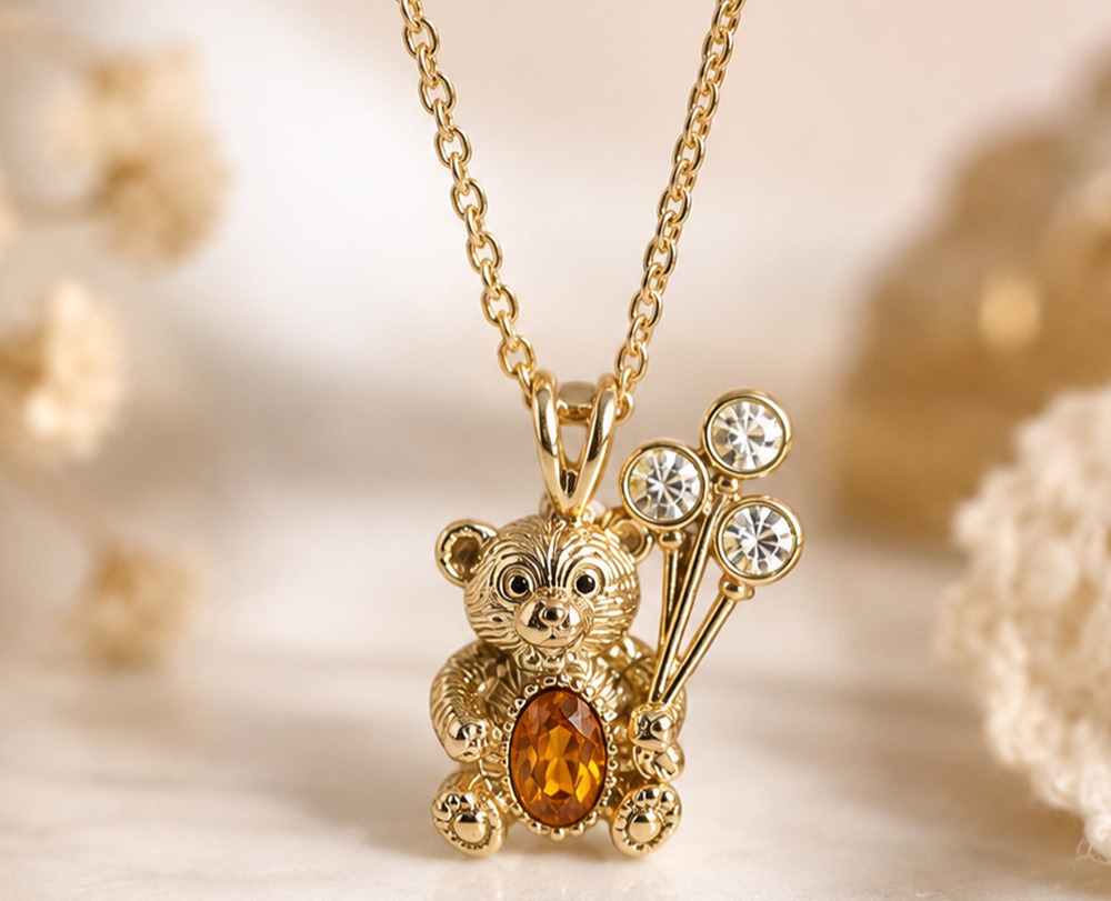 Vintage DM99 Teddy Bear Birthstone Necklace Gold Tone Rhinestone Balloons Girls